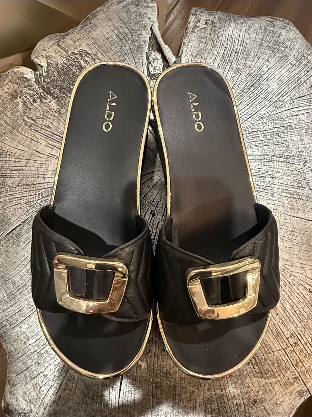 ALDO Black Slide Mules with Gold Buckle Trim size 6